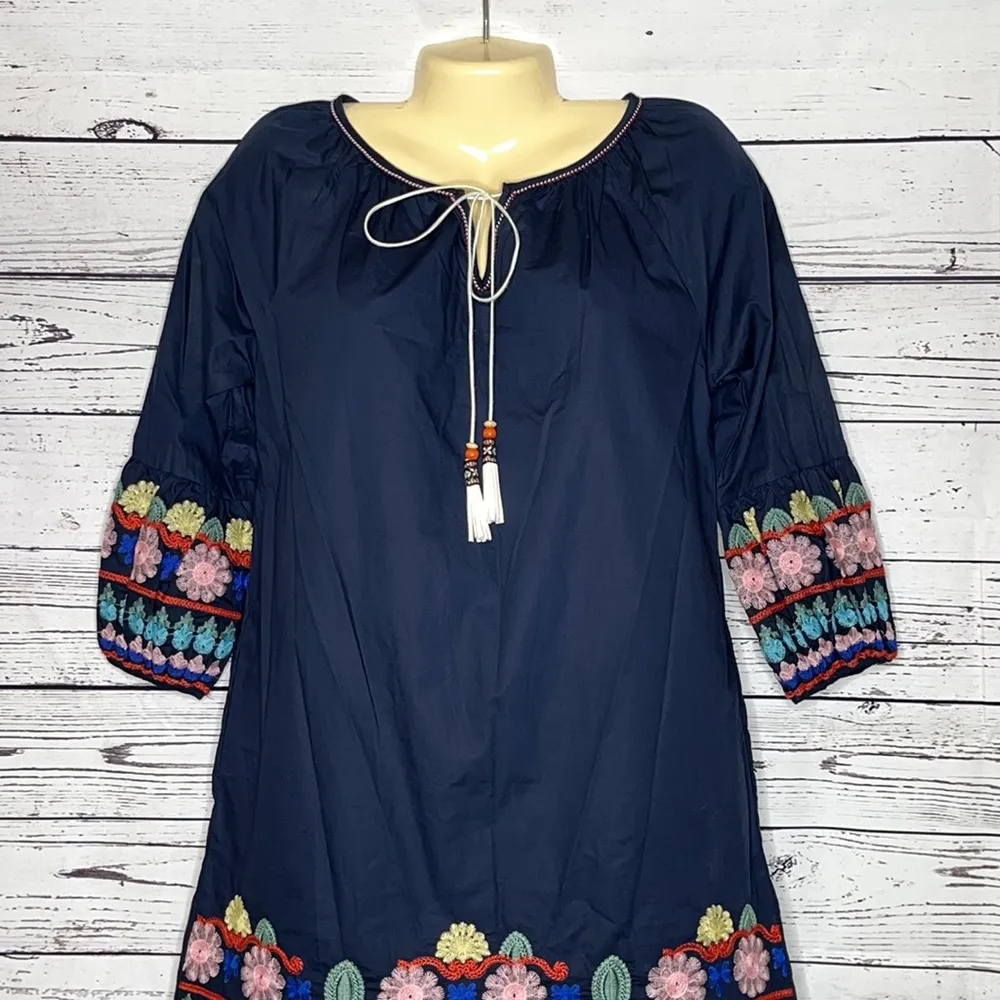 Mello Day NWT Size S Navy Blue Boho Embroidered Keyhole Tassel Tie Sheath Dress - Image 2