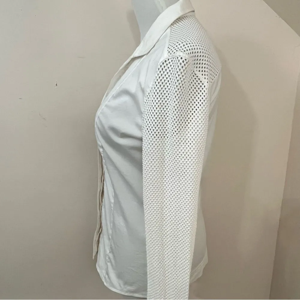 Akris Punto Cotton Stretch Cream Button Down Shirt Mesh Detail Sleeves S - Image 2