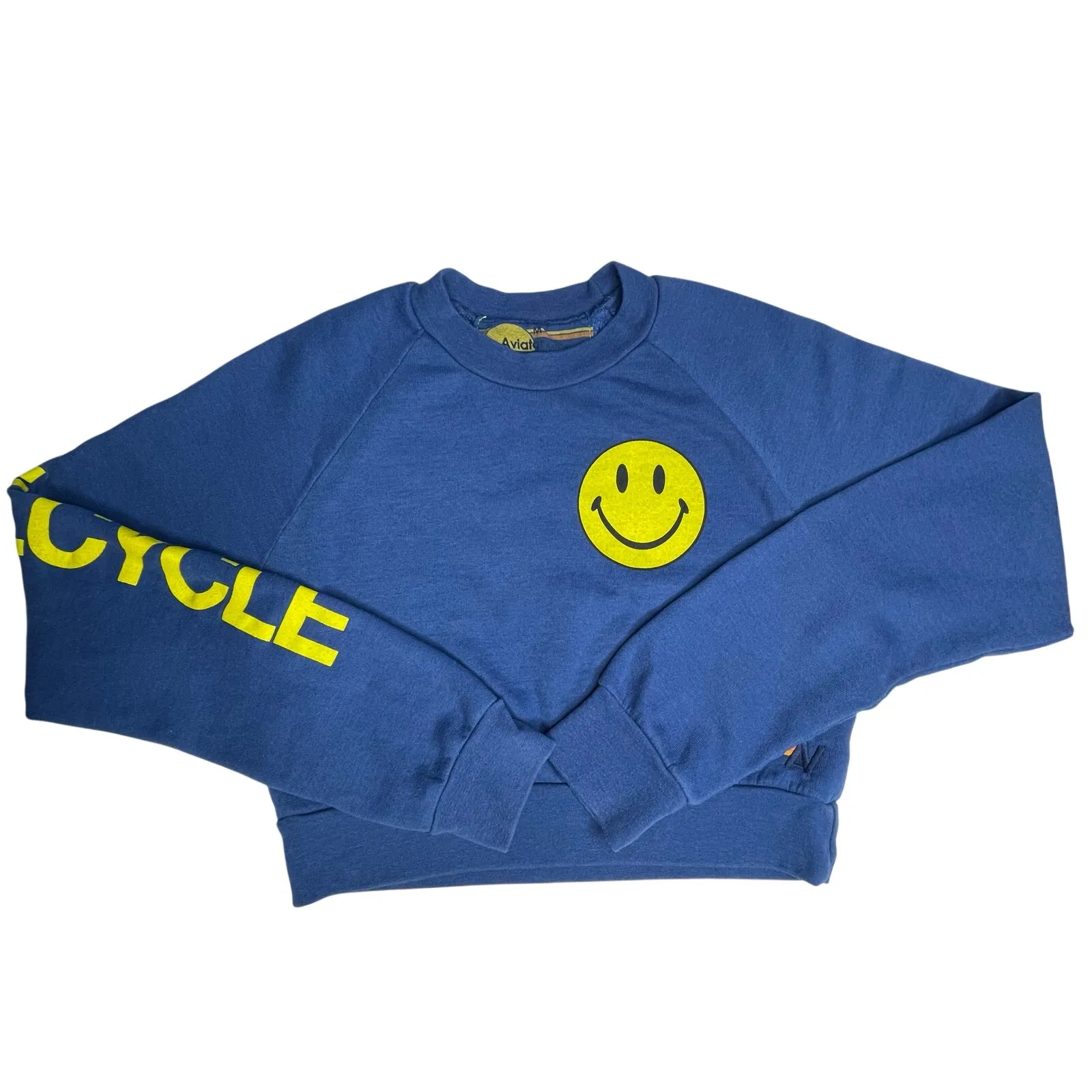 Aviator Nation x SoulCycle cropped crew sweatshirt Medium Blue smiley graphic - Image 2
