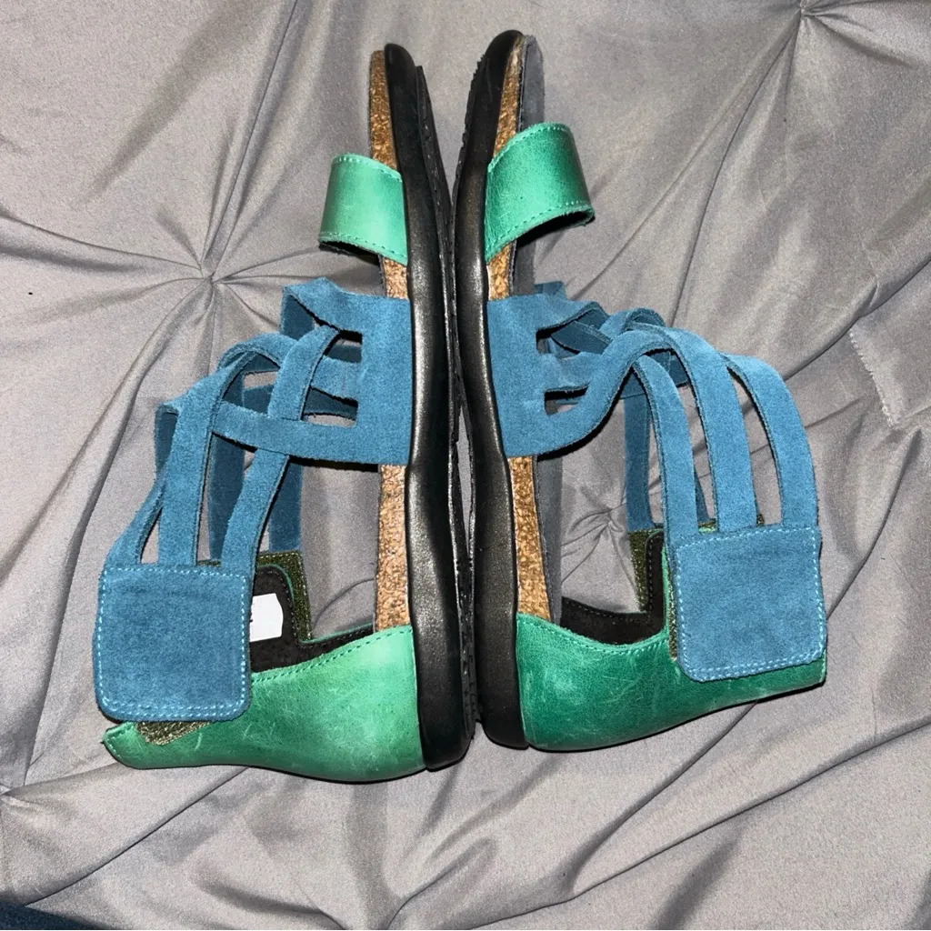 NAOT Marita 37 Women's Size 6 Shoes Blue Green Leather Strappy Wedge Sandals - Image 9