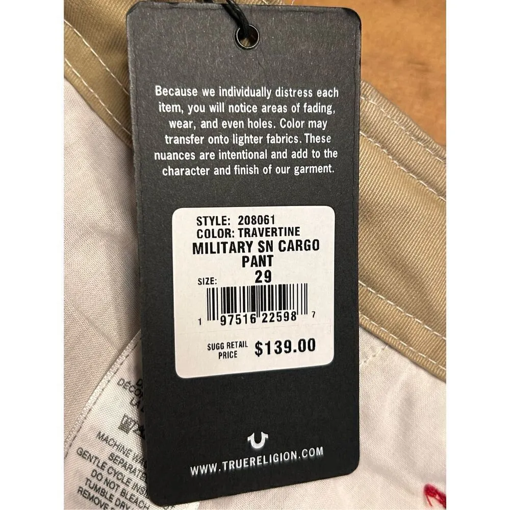 True Religion Women's Military Cargo Pants Beige Travertine SZ 29 NWT $139 (3890 - Image 10