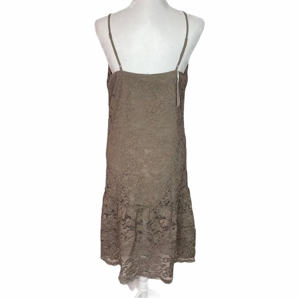 Gold Hawk Slip Dress Silk Taupe Spaghetti Straps Lace Ruffle Hem Pockets S NEW Brown - Image 3