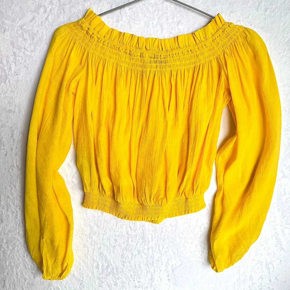 Bright Yellow Cropped On/Off Shoulder Shirred Smocked Gauzy Fiesta Top Just Fab - Image 2