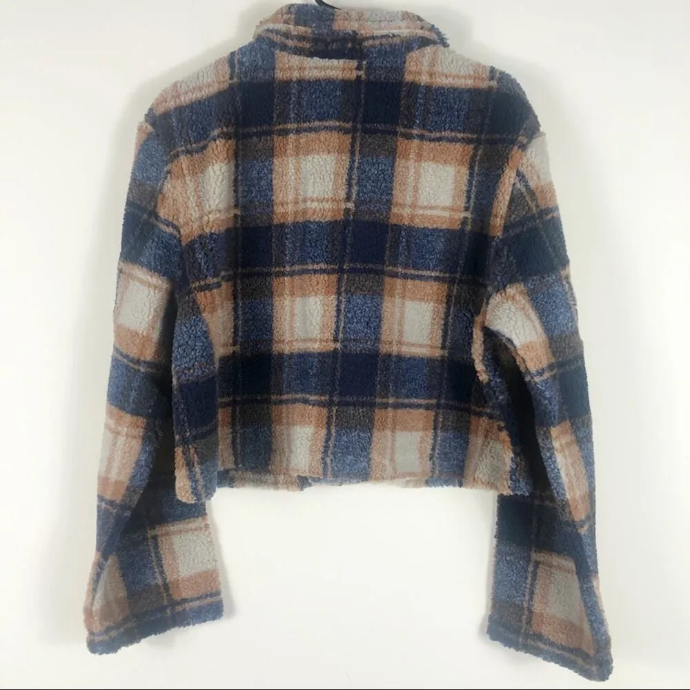 NWT Blue and Brown Plaid Button Up Sherpa Coat - Image 5
