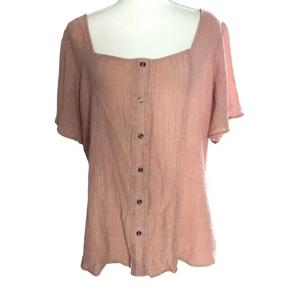 Flower & Feather Button Front Crinkled Short Sleeve Blouse Size XL - Image 18