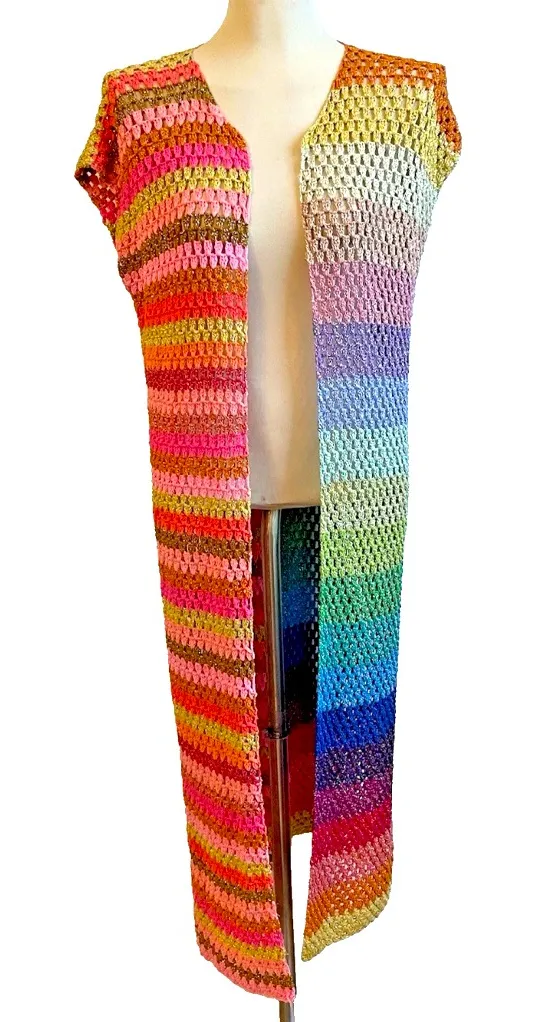 ROSE CARMINE Hand Crochet Maxi Cardigan Rainbow Stripe Metallic One Size Size undefined - Image 1