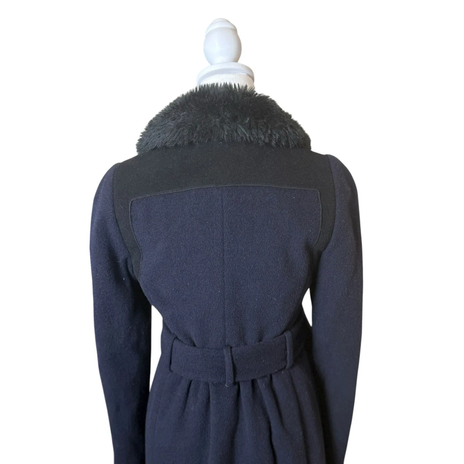Rebecca Taylor Navy Black Wool Peacoat Faux Fur Collar Double Breasted Belt Sz 0 - Image 7