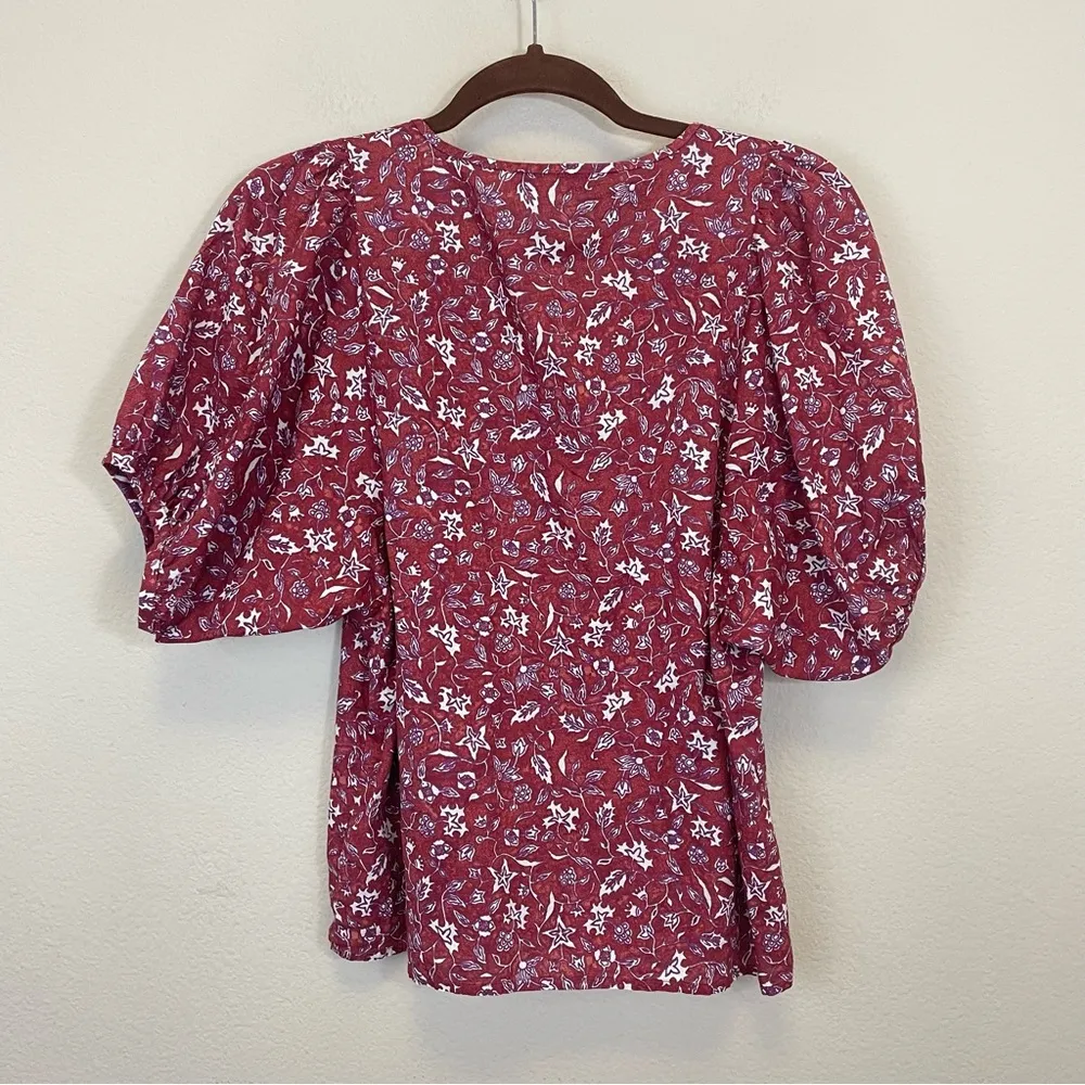 Madewell V neck Puff Sleeve Top In‎ Floral Batik Vine Weathered Brick Size S - Image 7