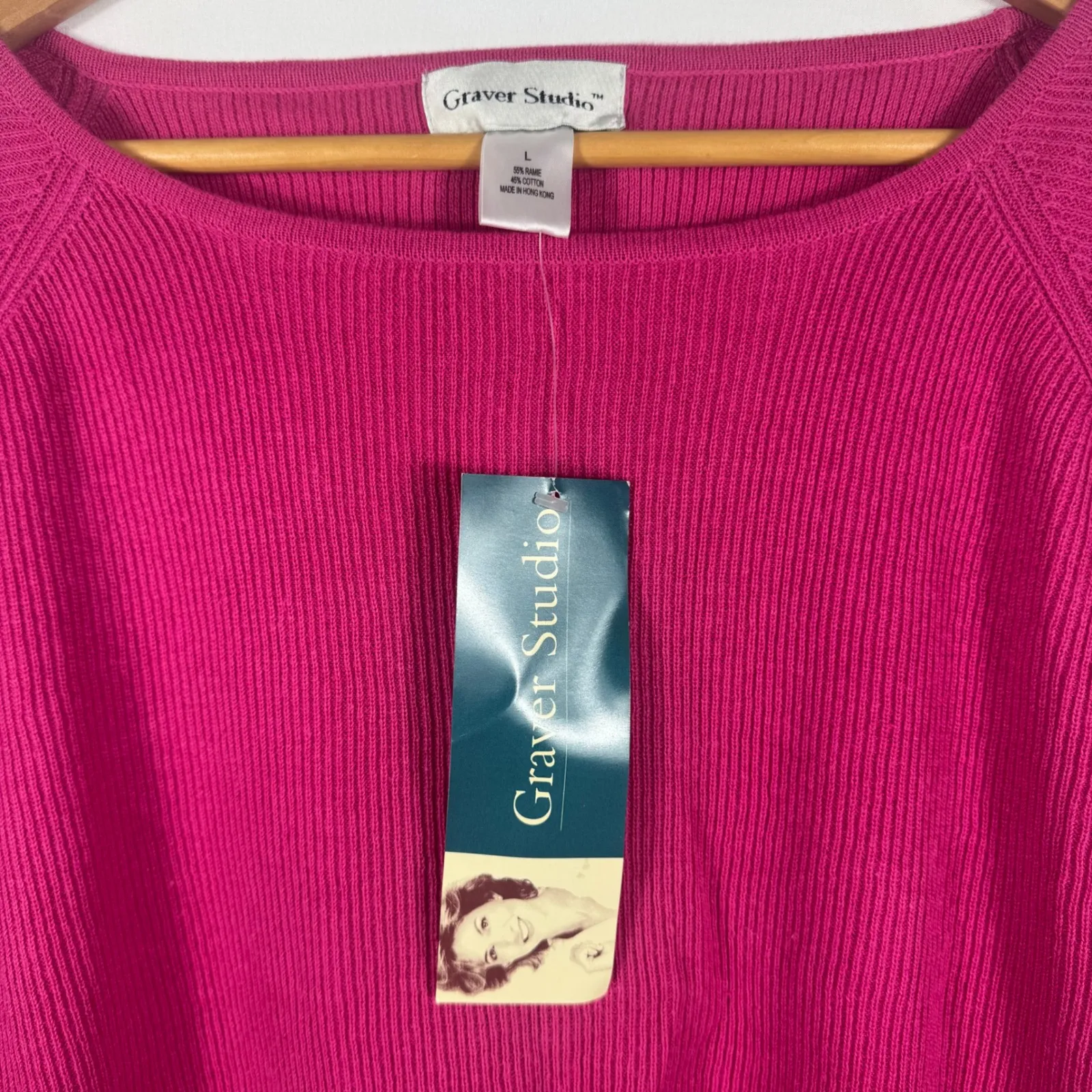 Graver Studio Womens Ribbed Knit Top 3/4 Sleeve Boat Neck Pullover Magenta Large Pink - Image 3