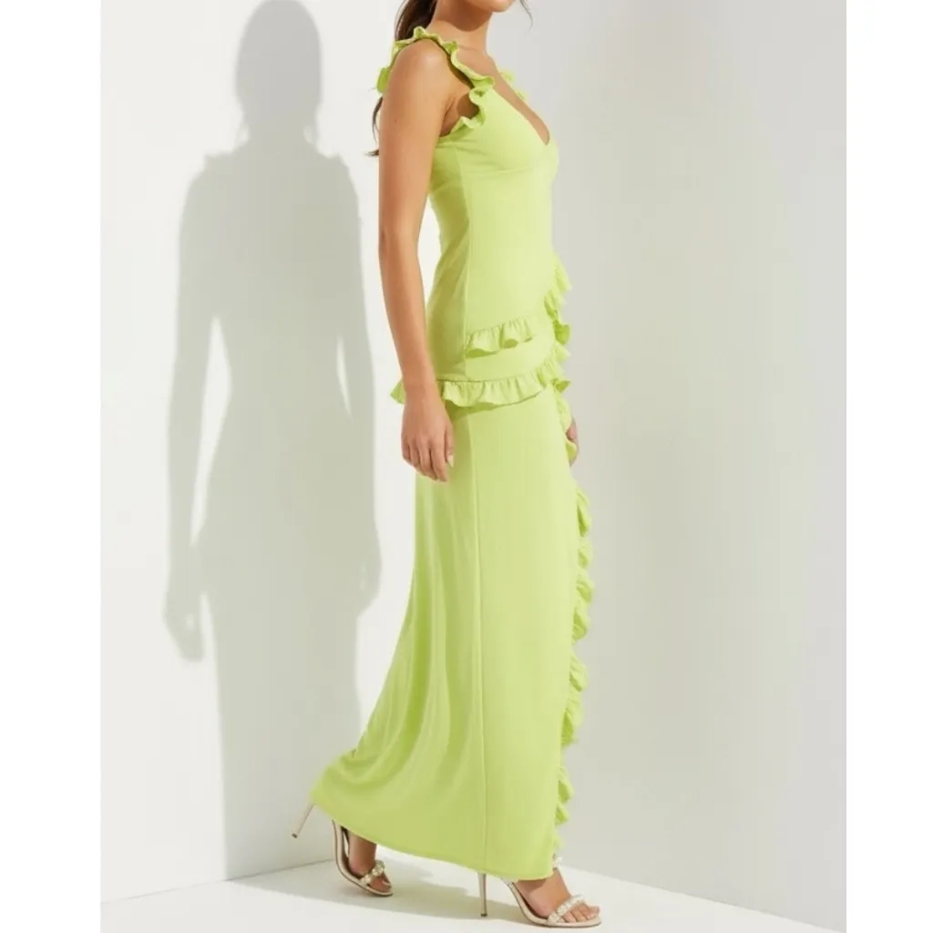 HOUSE OF CB Pixie Ruffle Maxi Dress, Lime, L (Plus Cup) - Image 5