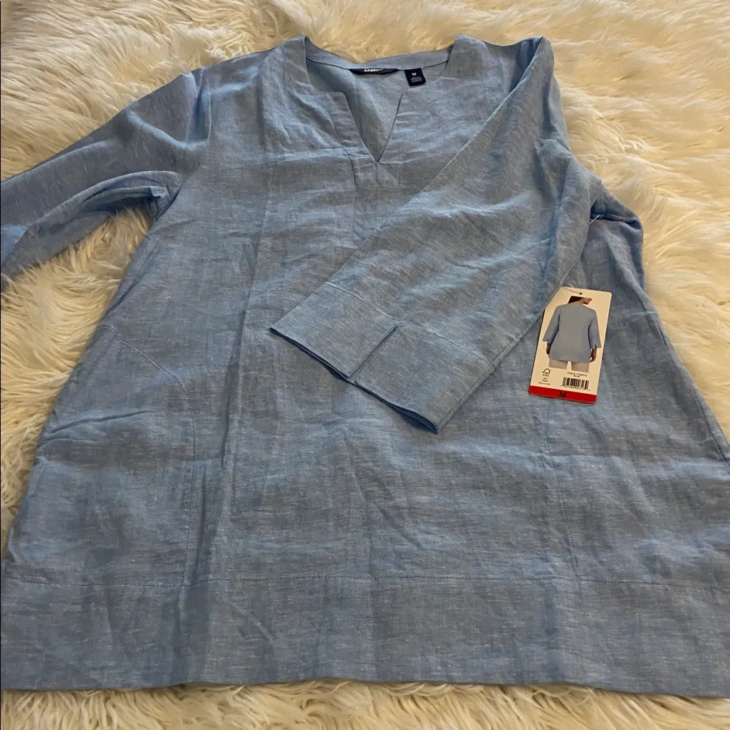 Lands' End Sky Blue Split Neck Linen Top  size M brand new two front  pockets - Image 10
