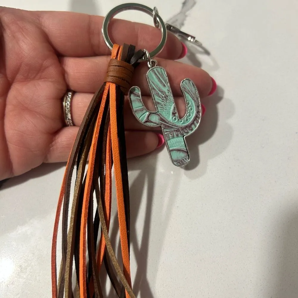 Turquoise Cactus Keychain with Tassel Silver - Image 2