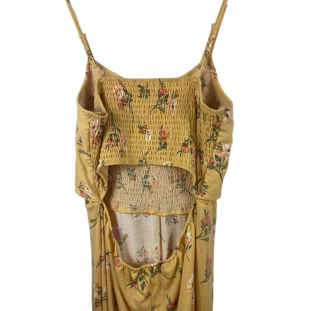 No Boundaries Yellow Floral Smocked Tie Front Back Cut Out Summer Jumpsuit L NWT - Image 2