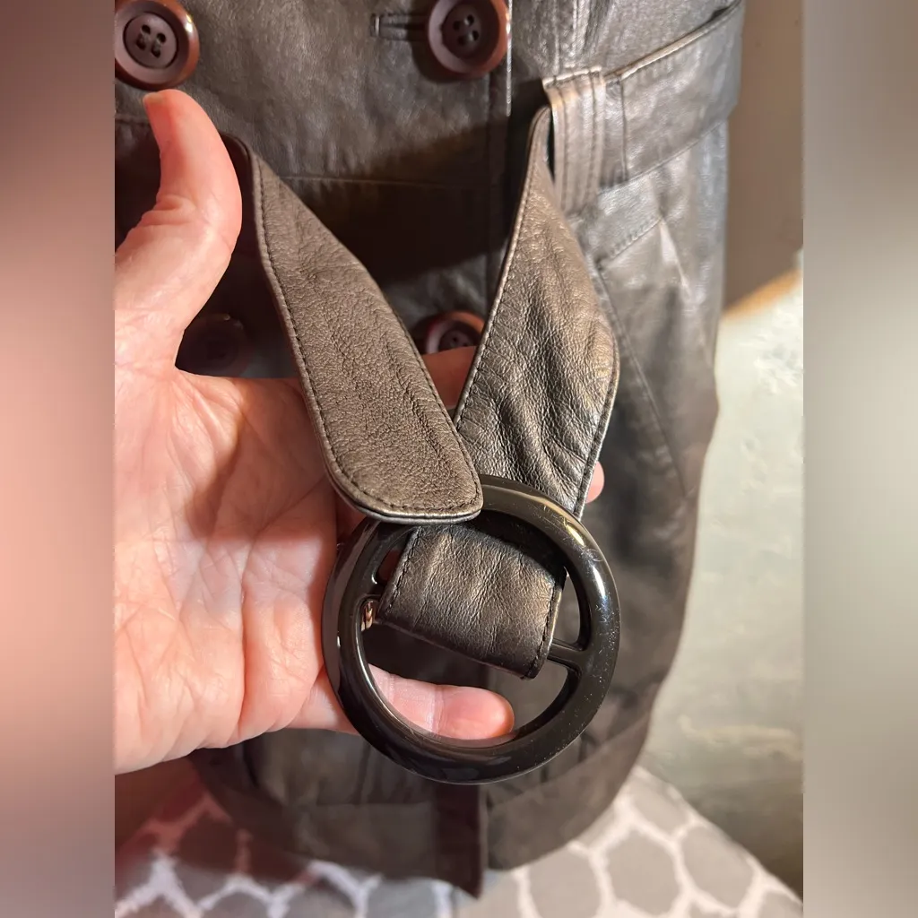 Vero Moda Chocolate Brown Real Leather Coat Pigs Skin belted buttons retro S - Image 10