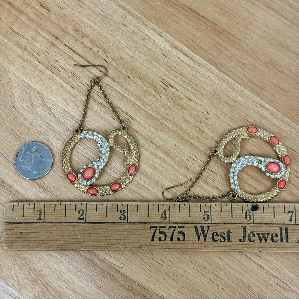 Vntg Bebe Rhinestone Beaded Snake Dangle Statement Earrings Gold‎ Coral Orange - Image 7