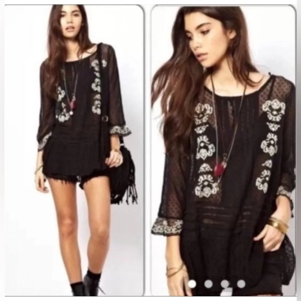 Free People Jocelyn Sheer Mesh Lace Embroidered Tunic Black Size Small - Image 3