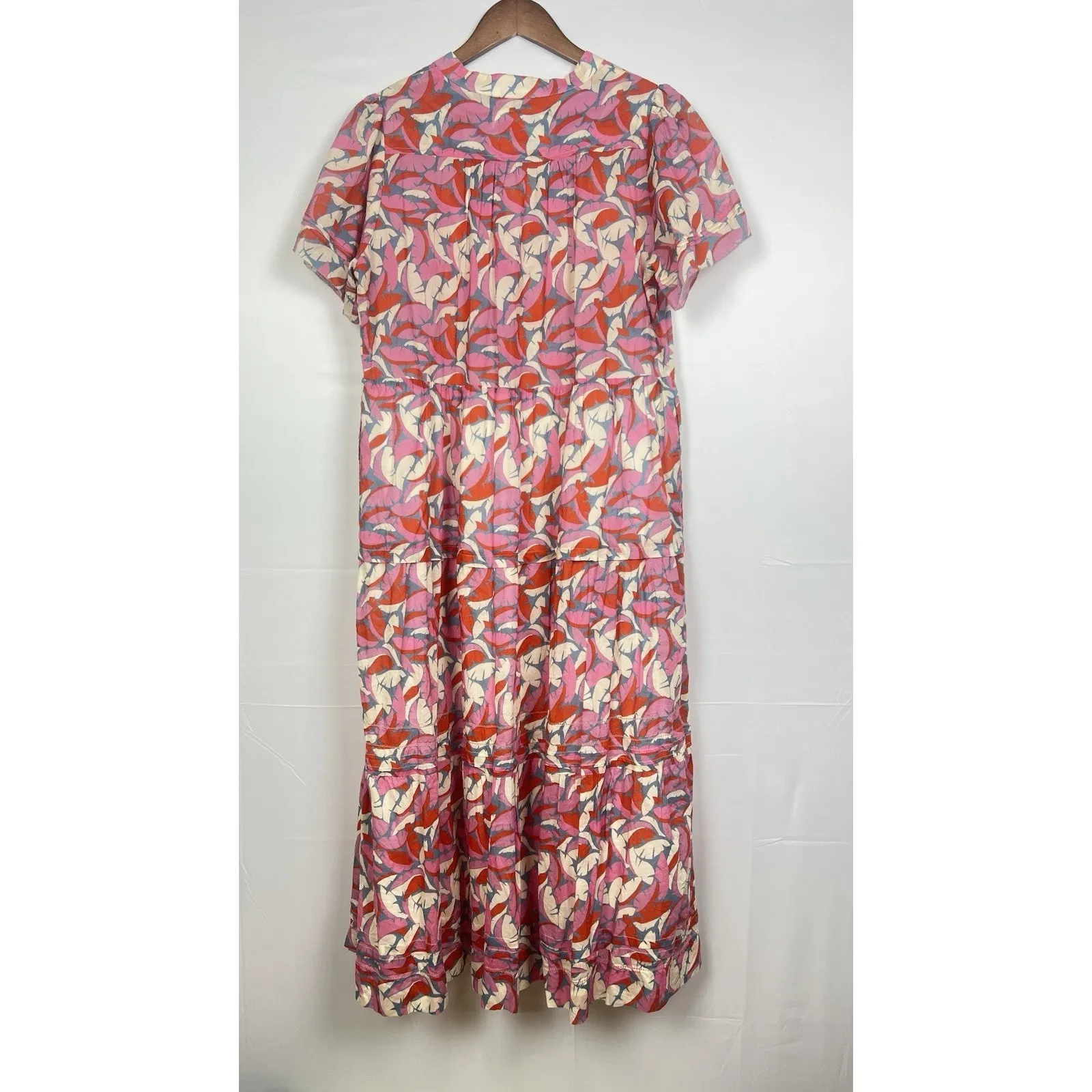 Birds of Paradis by TROVATA Pink Tropical Print Tiered Boho Midi Dress L - Image 12