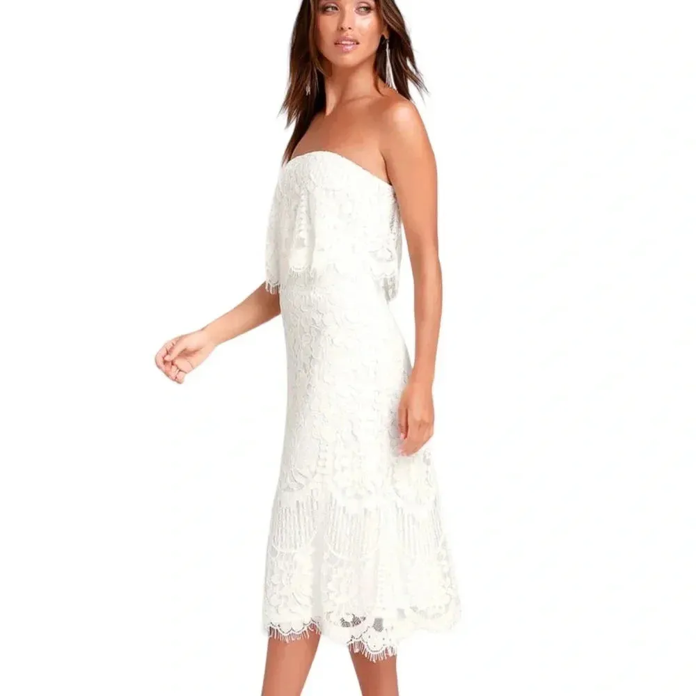 NWT Lulus Delia White Lace Strapless Midi Dress Bridal Party Size S - Image 4