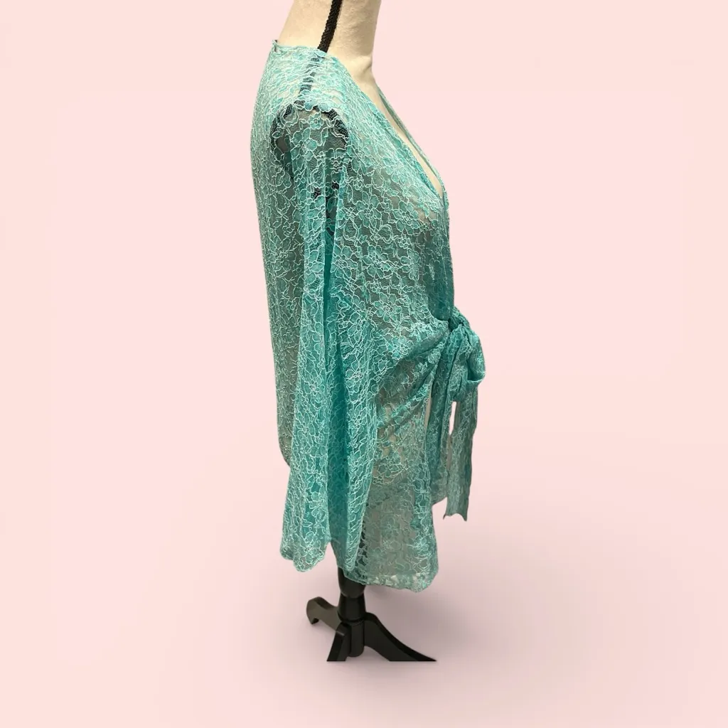 Vintage aquamarine lace tie front wrap top kimono robe swim coverup sheer fairy Blue Size 3X - Image 6