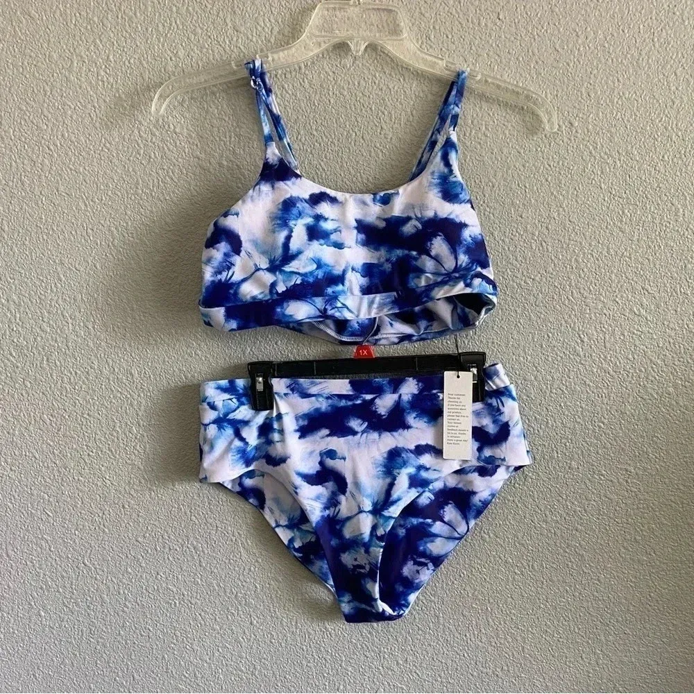 Kate Kasin 3 piece bikini short sarong set NWT Size XL High Waist‎ Blue - Image 2