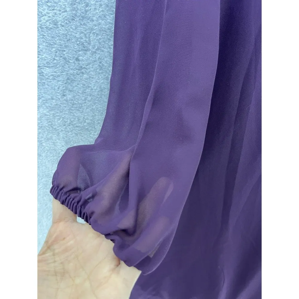 Ann Klein Women's Shift Dress Sheer Long Sleeve Solid Purple Size 8 Lined Bow - Image 10