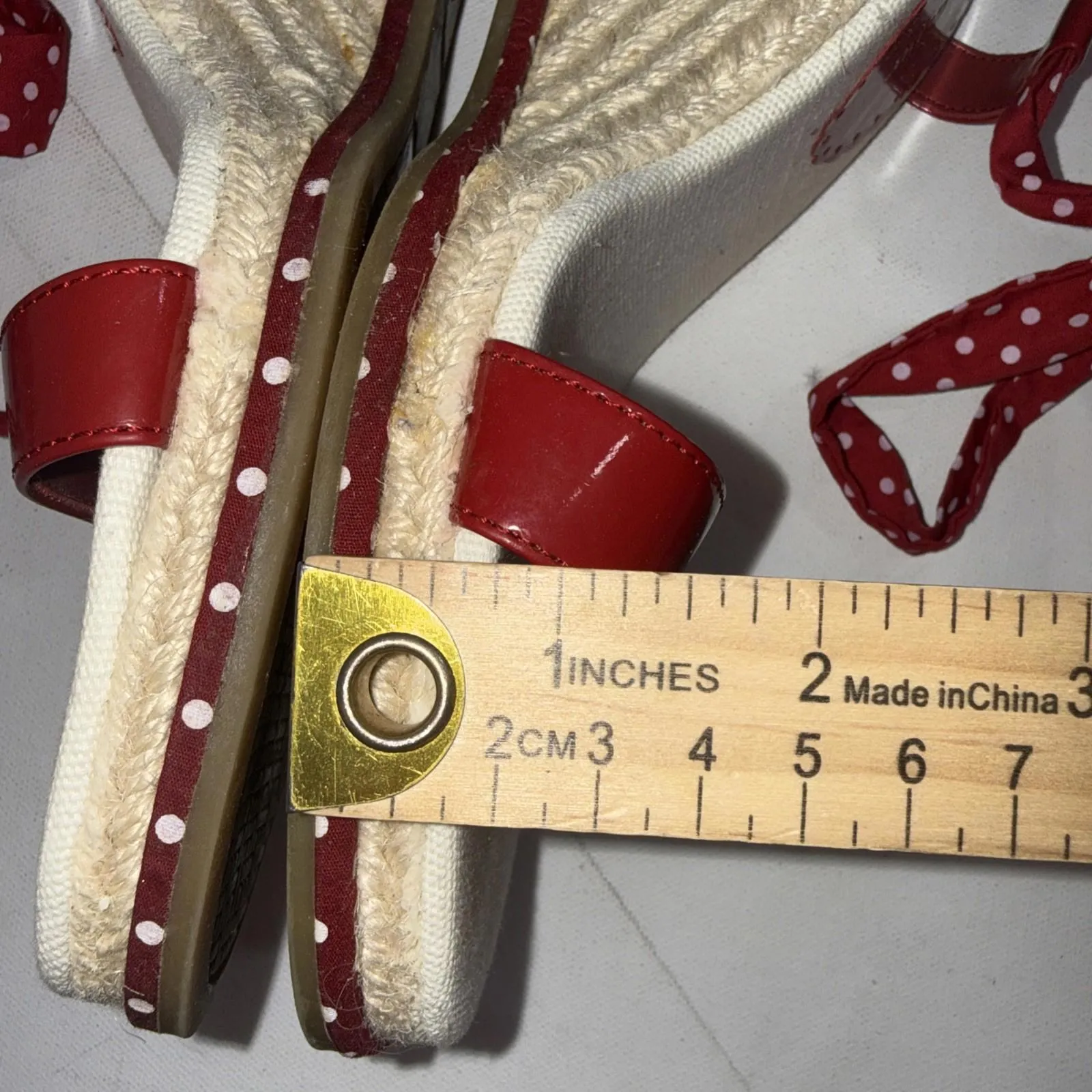 VTG Y2K Montego Bay Club Red Polka Dot Espadrille Ankle Tie Wedge Sandals 40 - Image 7