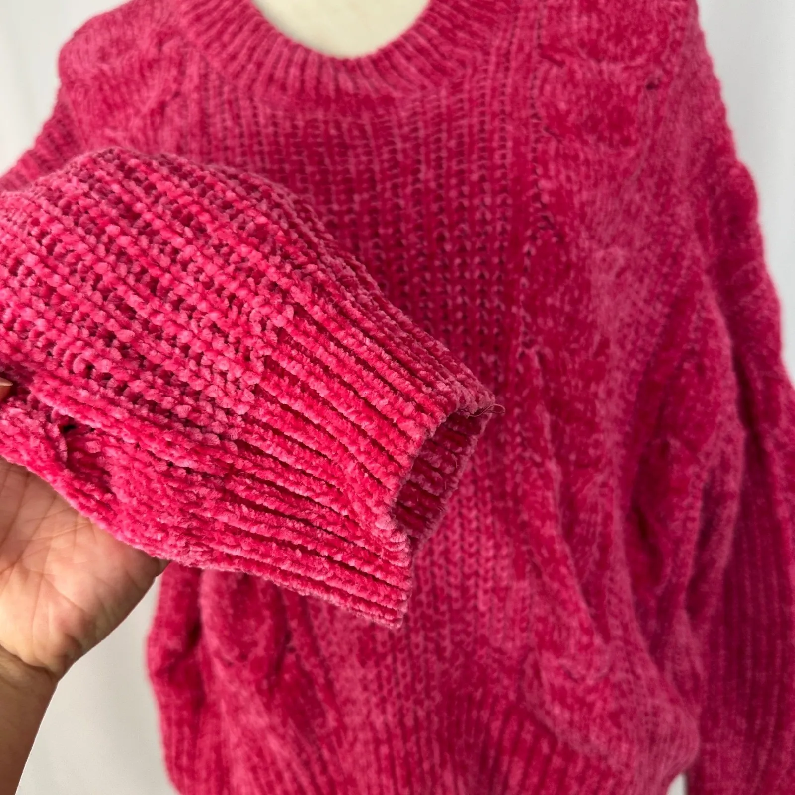 Cocovive Cable‎ Knit Cropped Sweater Pullover Chenille Pink Womens Large Casual - Image 4