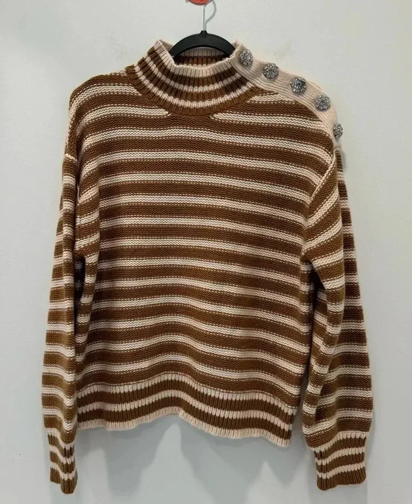 J Crew Mockneck Cable Knit Pullover Sweater In Stripe Jewel Buttons BM301 - Image 1