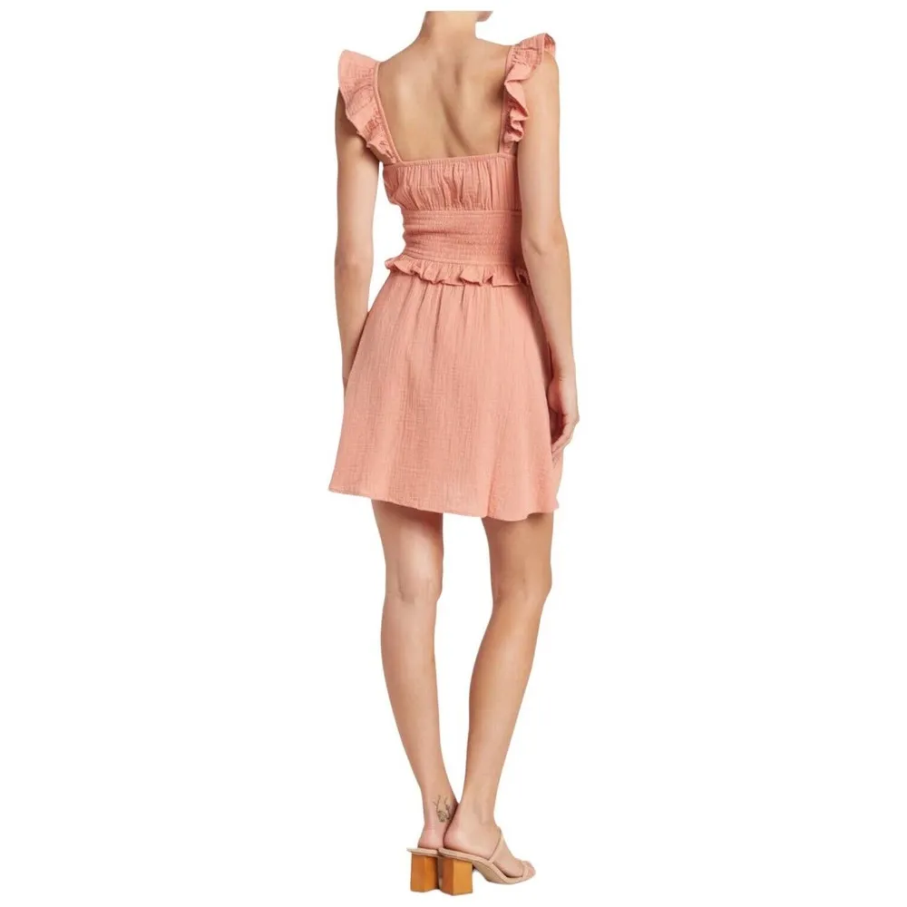 Socialite Smocked Waist Ruffle Strap Sleeveless Cotton Mini Dress Coral S - Image 16