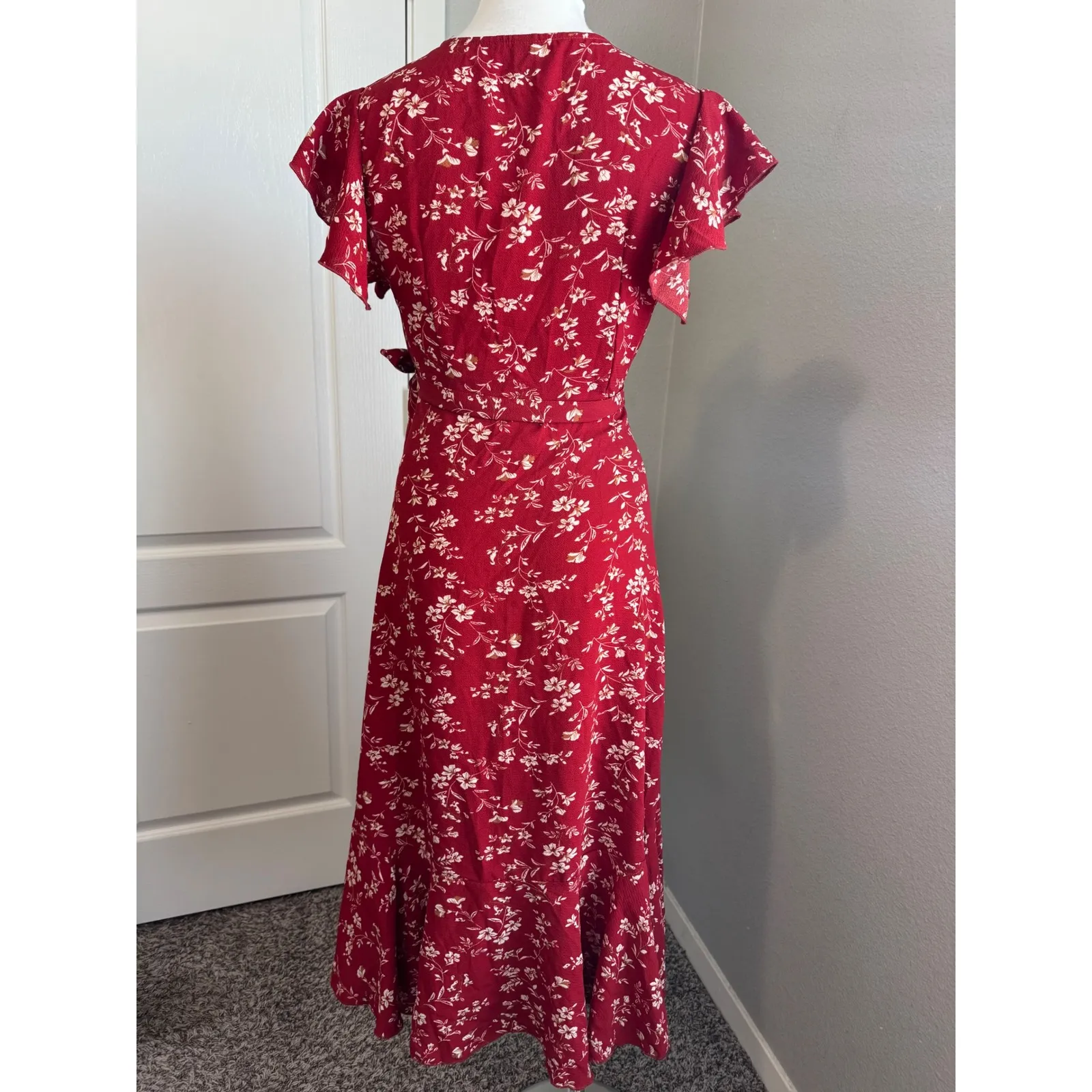 Shein‎ Floral Wrap Dress Ruffle Sleeve Midi Dress Red XS - Image 4