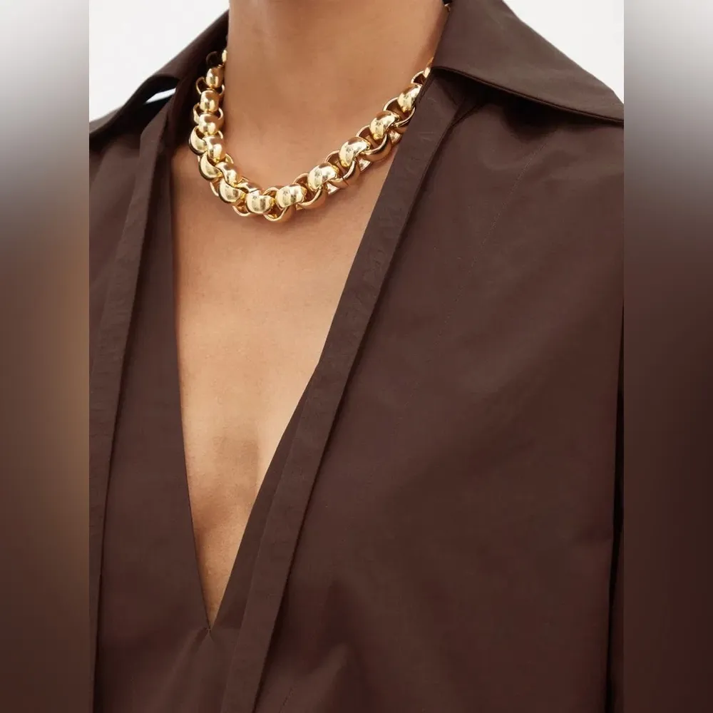 Jill Sander Tie-neck Organic-cotton Poplin Brown Blouse Long Sleeve V Neck - Image 2