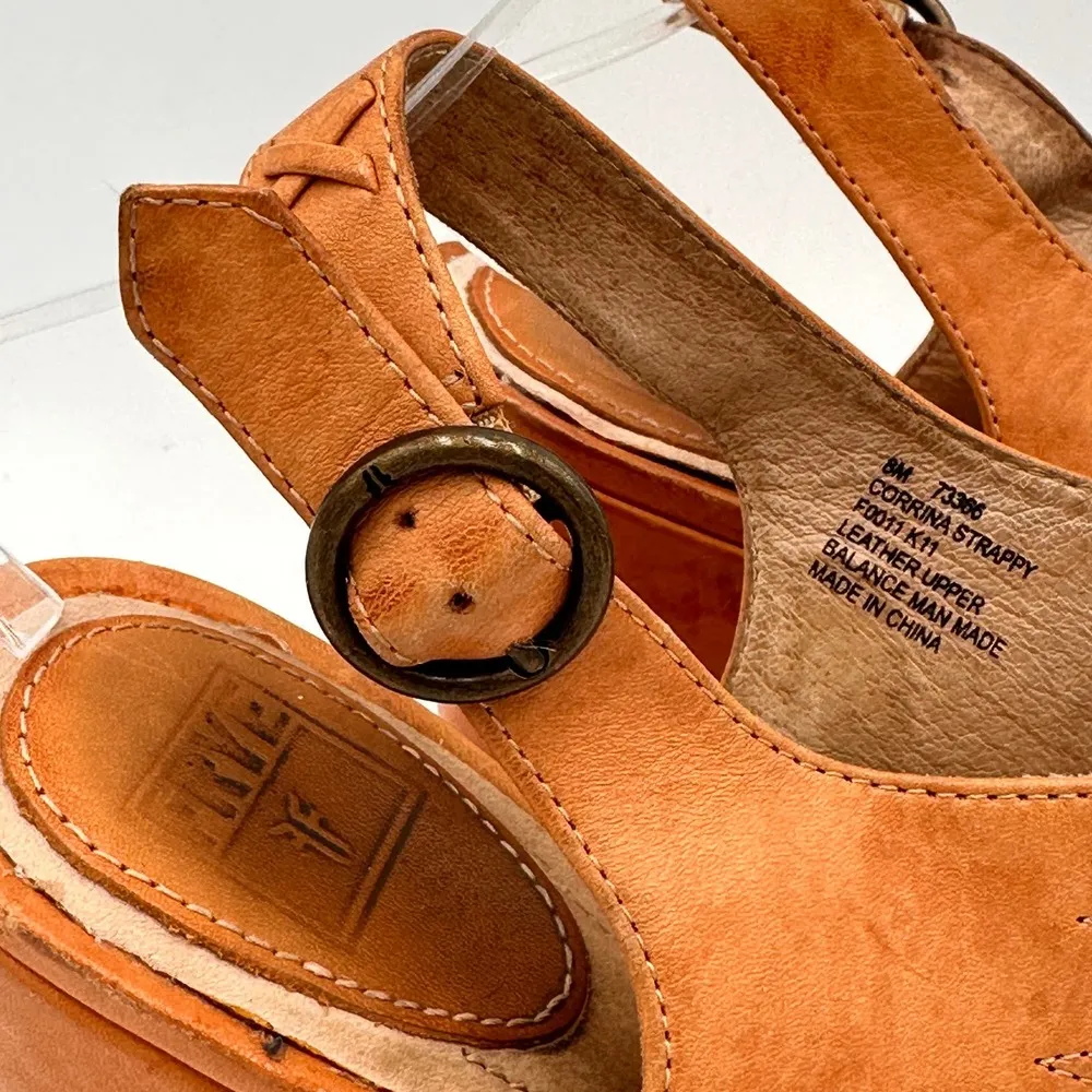 Frye Brown Leather Corrina Strappy Weave Wedge Platform Heels Size 8 - Image 9