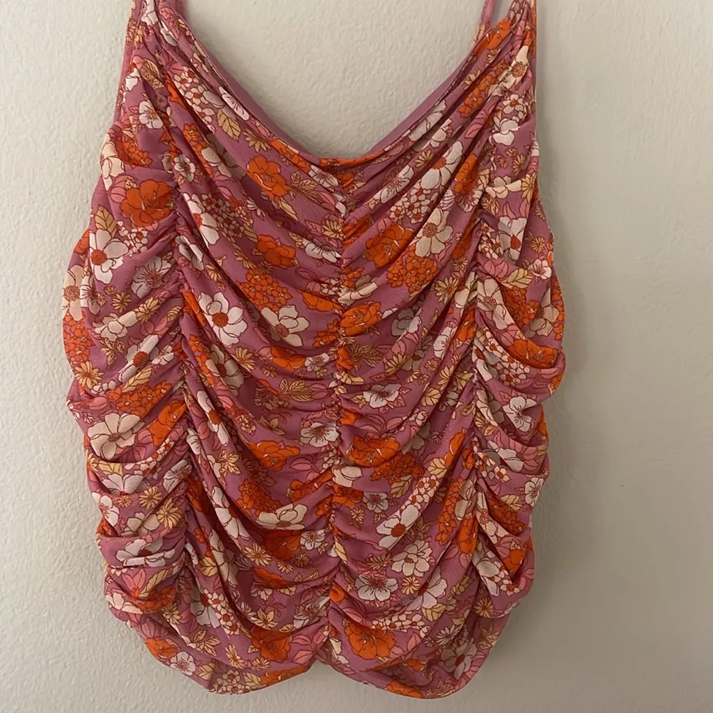 Floral Ruched Women's Top - Pink and Orange Size XL - Image 4