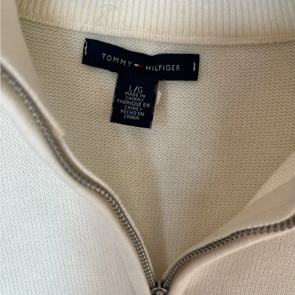Tommy Hilfiger Sweater Women's Large White Ribbed 1/4 Zip Mock Neck Embroidered - Image 4