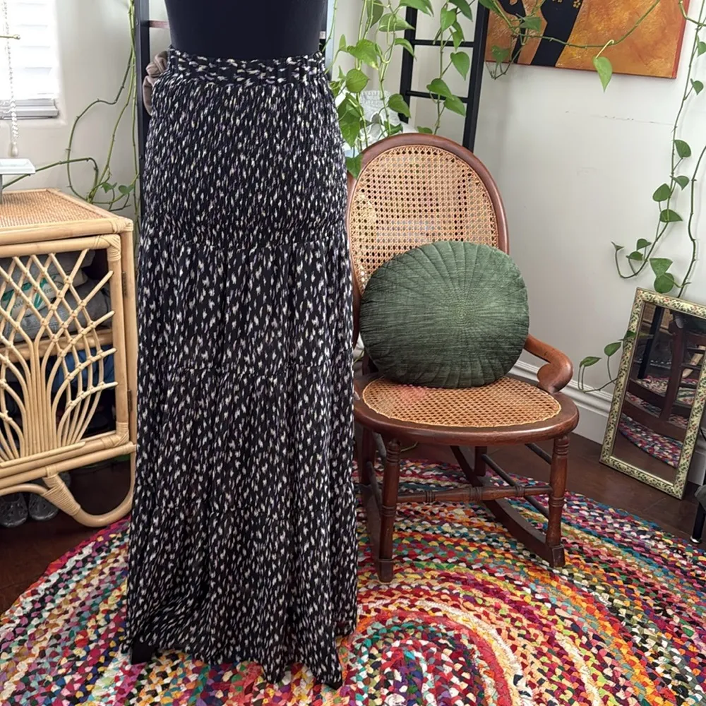 Code x Mode Black Splotch Pattern Smocked Waist Side Slit Maxi Skirt - Image 2