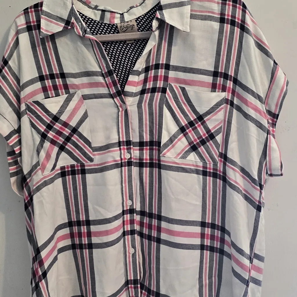 Como Vintage White and Blue Plaid Button-Down Shirt - Image 4