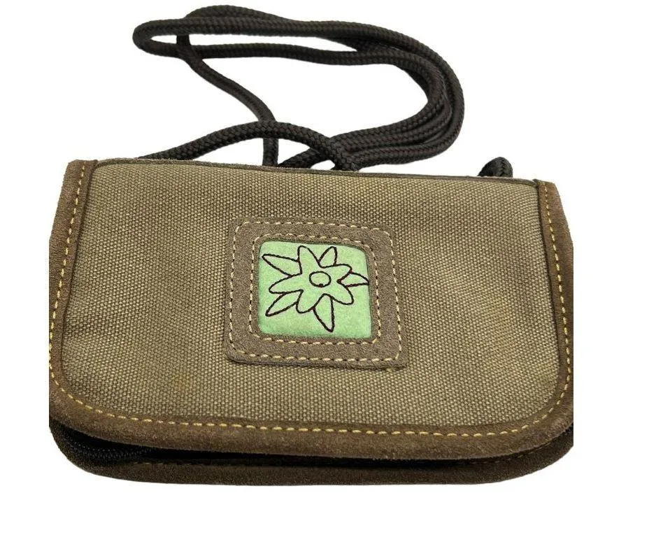 Zennia Khaki Suede Leather Canvas Crossbody Bag Wallet Embroidered NWOT - Image 2