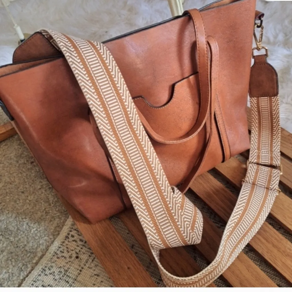 NEW Vegan Leather Tote with Cool Guitar strap Brown - Image 2