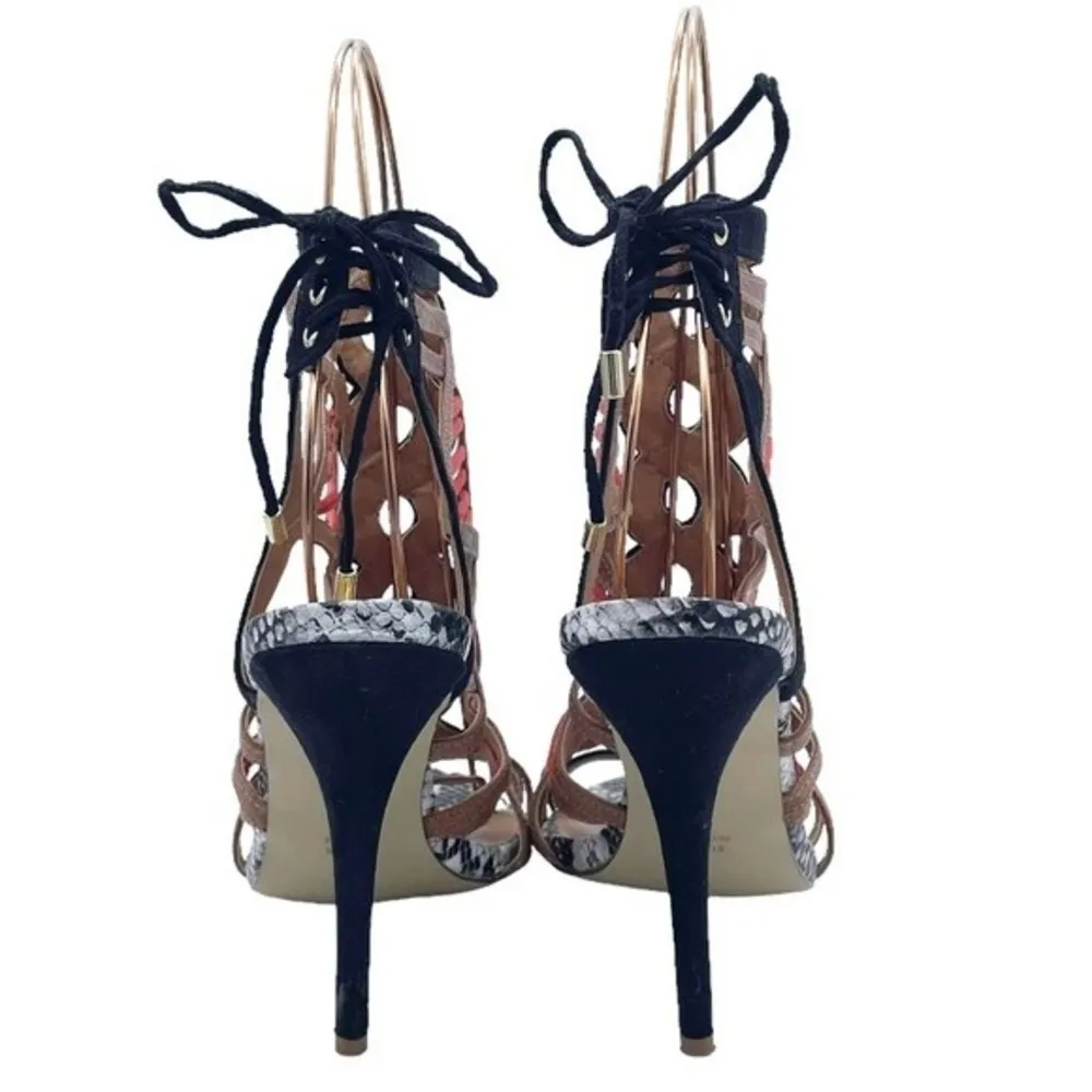 River Island Strappy Caged Mixed Print Heels Black Coral Tan Women’s 7 US | 5 UK - Image 10