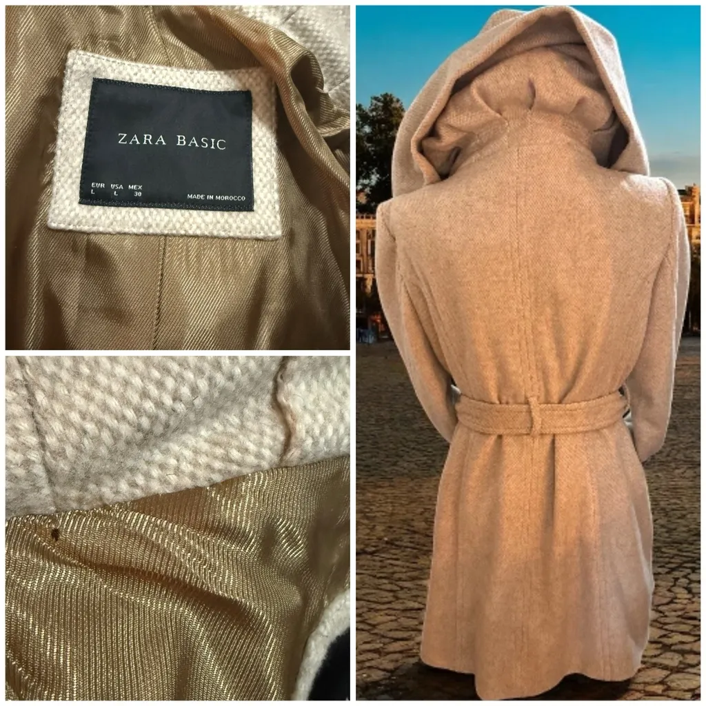 Zara Basic Herringbone Belted Coat Long Sleeve Wool Blend Vintage sz Large - Image 14