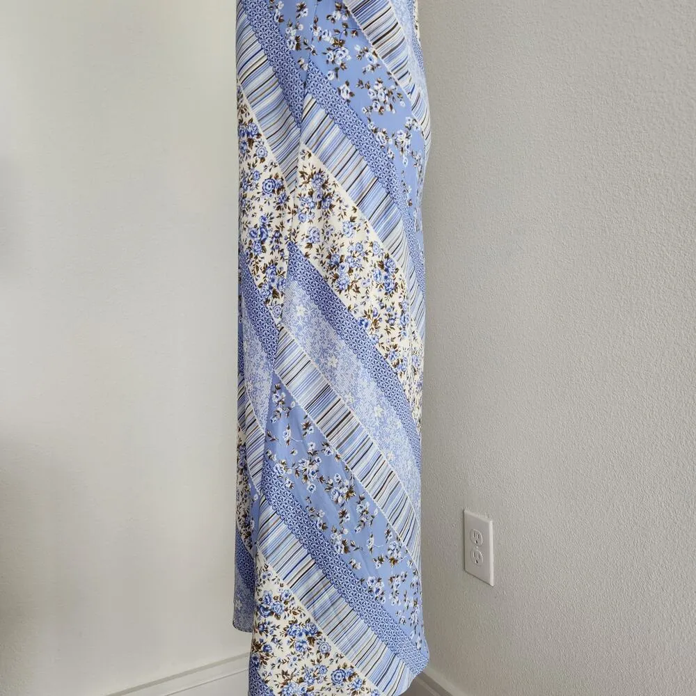 Vintage Dressbarn Blue Floral Diagonal Striped Sheath Sleeveless Maxi Dress M - Image 6