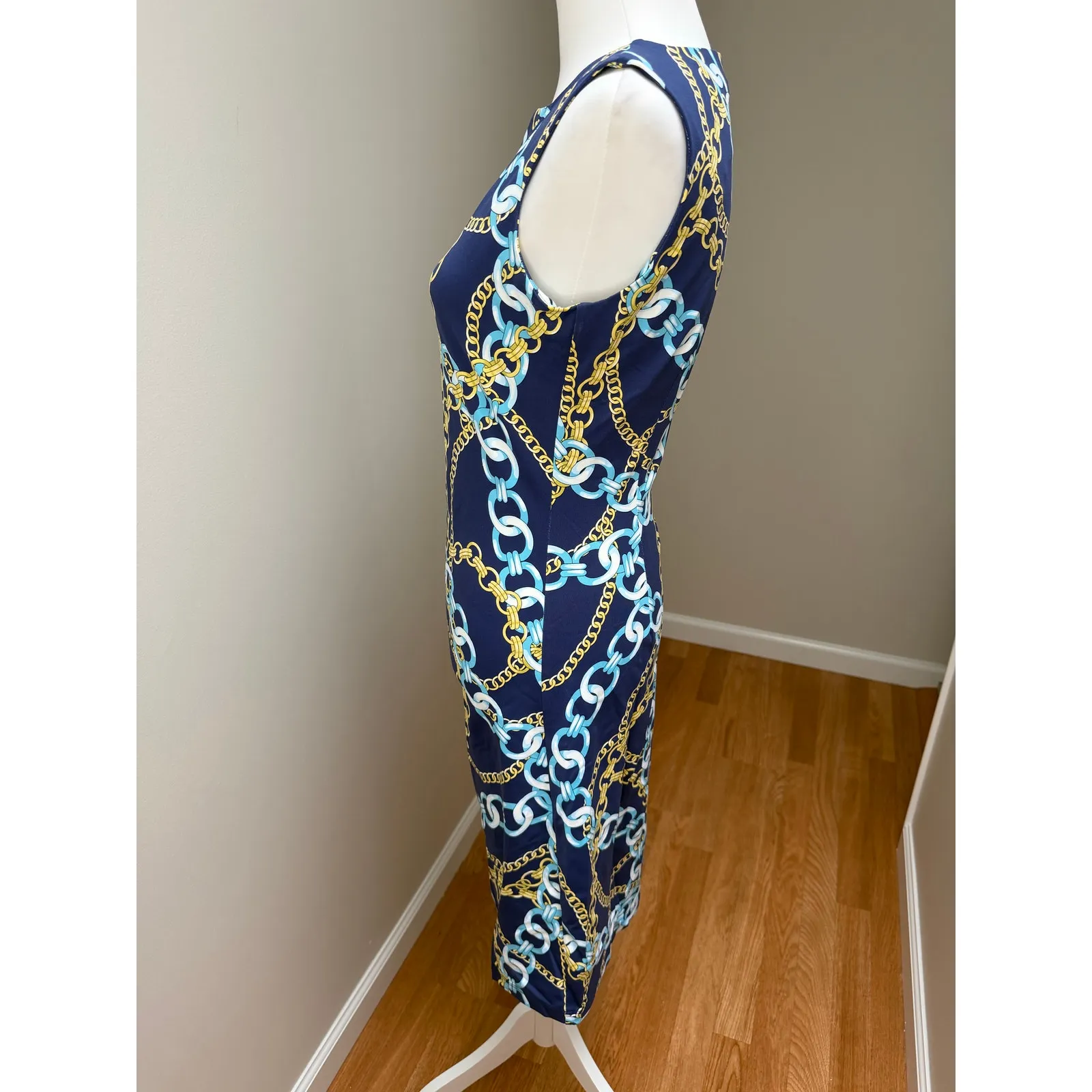 J McLaughlin Sheath Dress Womens Small Blue Sage Chain Print Stretch Nautical - Image 4