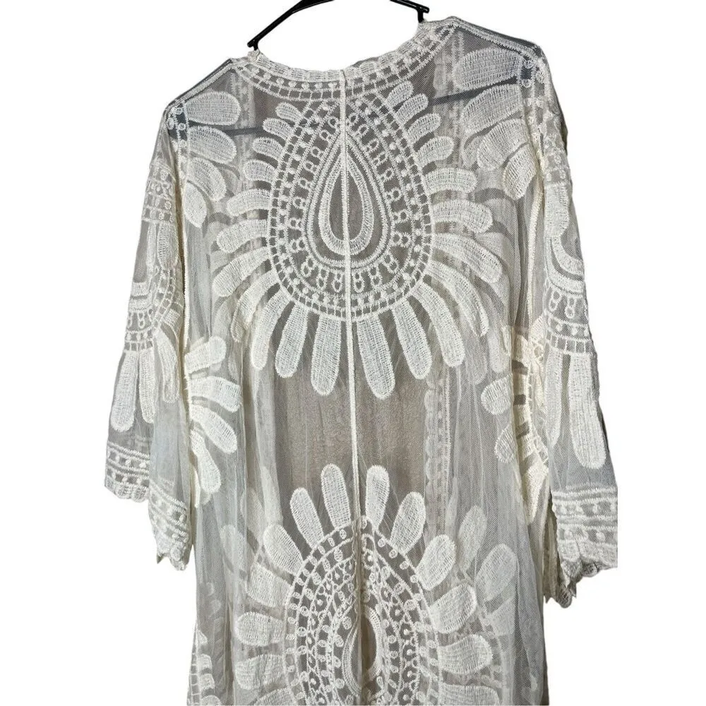 Lace Floral Duster Robe Beach Cover Festival Kimono Boho Cardigan Sheer One Size White Size undefined - Image 9