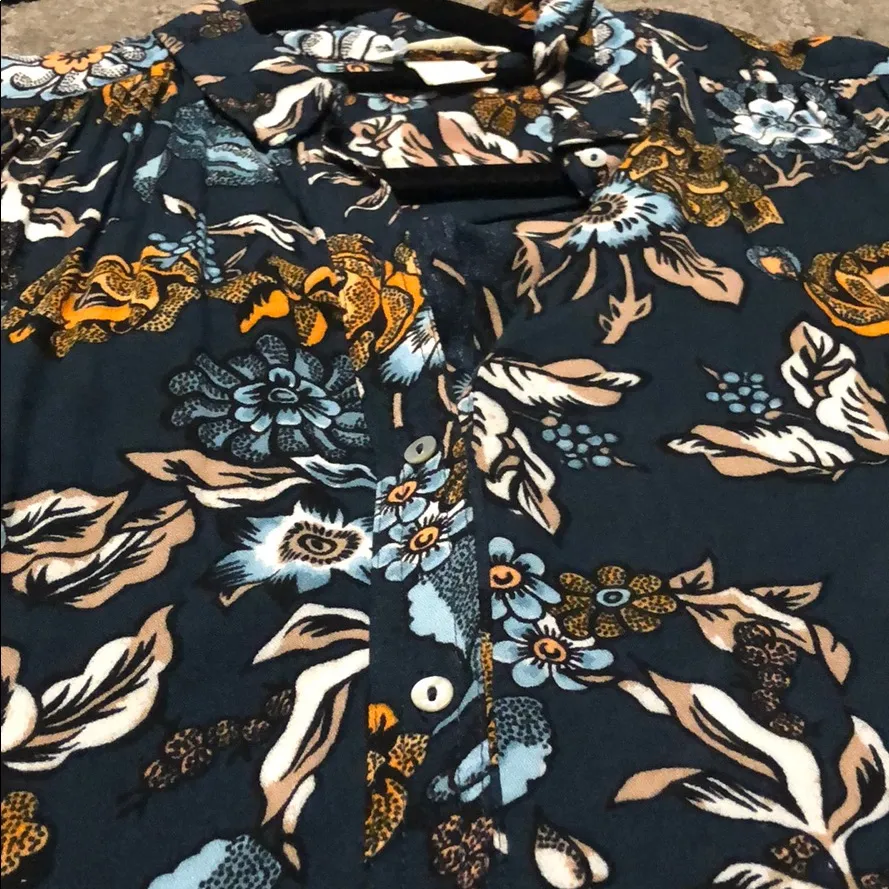 H&M women size 2 navy blue flower dress button down collar loose fit long sleeve - Image 9