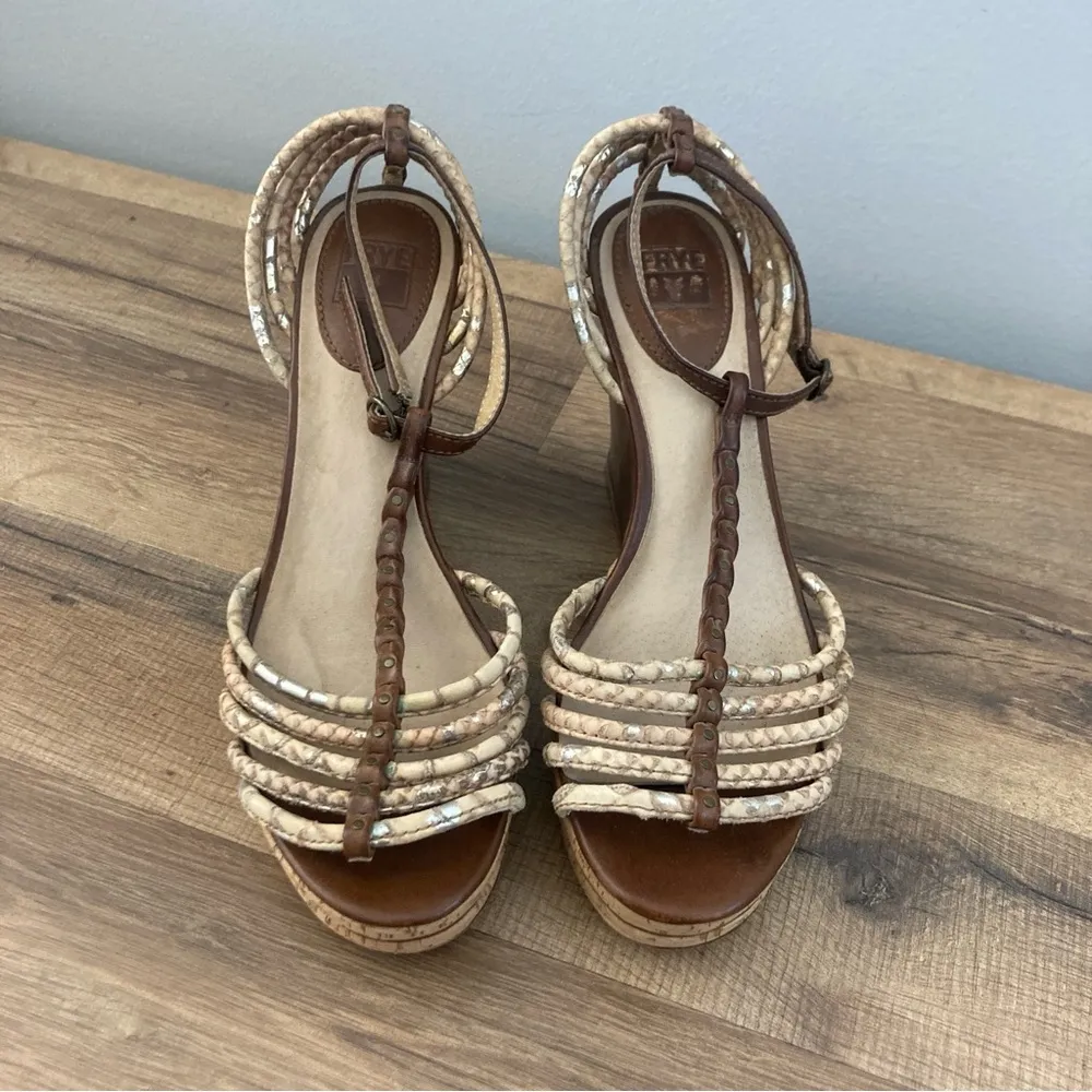 Frye  Shay Strappy T Brown Wedge Sandal Heels Women’s - Image 5