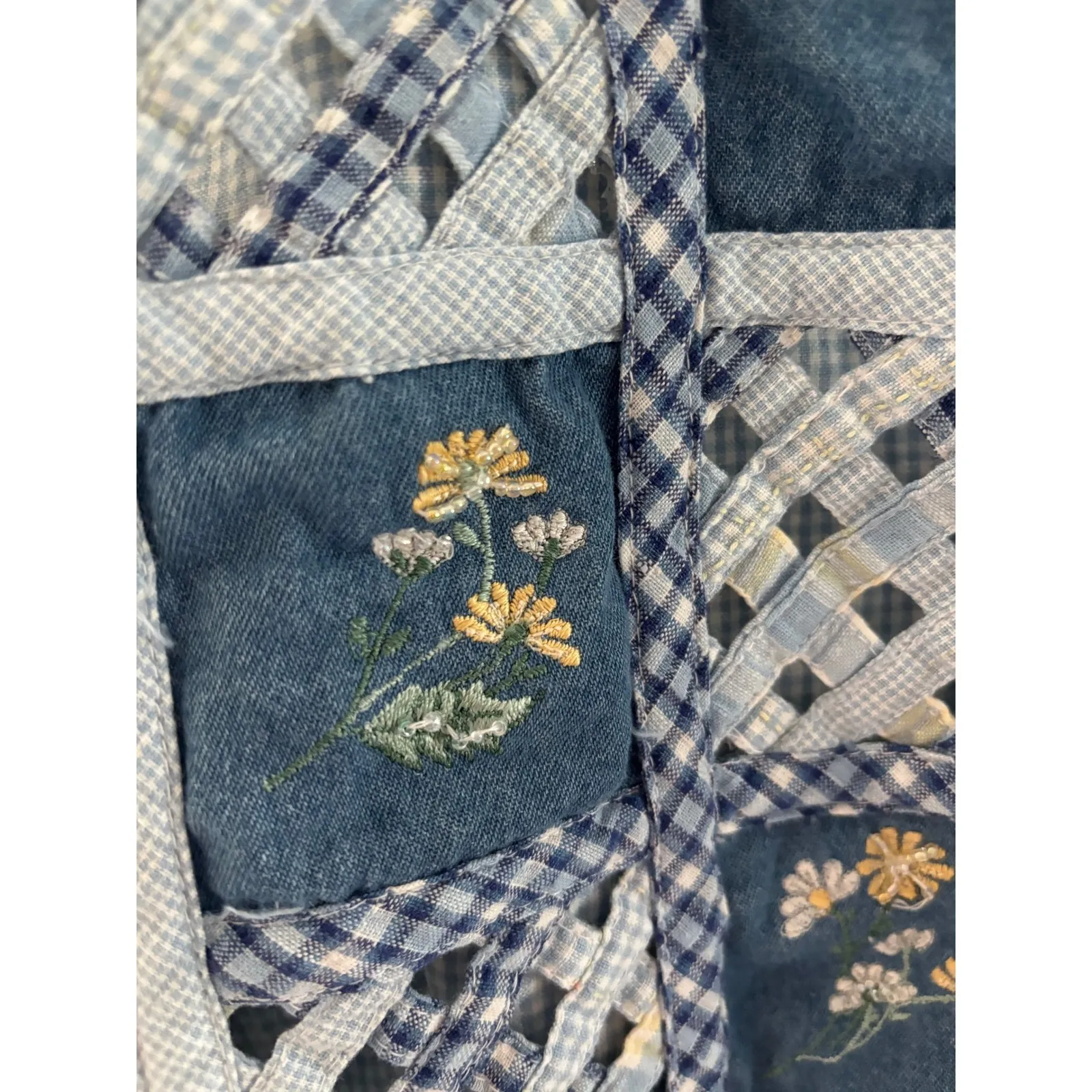 Vintage Vest Womens Size PL Blue‎ Cream Gingham Embroidered Beaded Sunflower Blue - Image 3