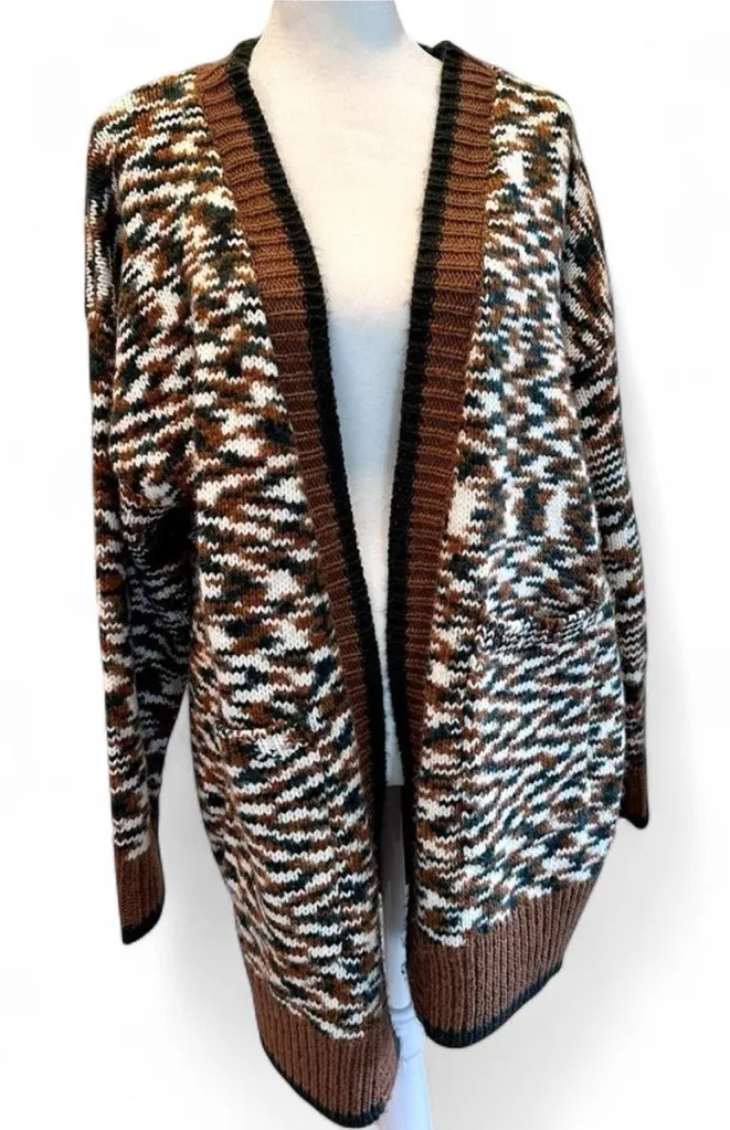Skies Are Blue Brown Green Open Front Long Cardigan Sweater Size Large Cozy Knit - Image 1