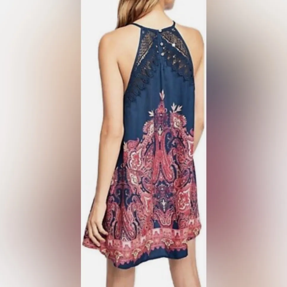 Free people intimately Navy Pink Shea Crochet Halter Mini Dress sz L coverup - Image 2