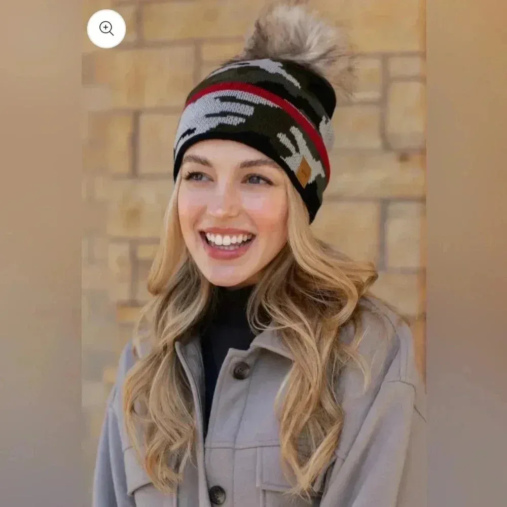 PANACHE Vegan Fur Puff Knit Winter Hat in Green Camo - Image 4