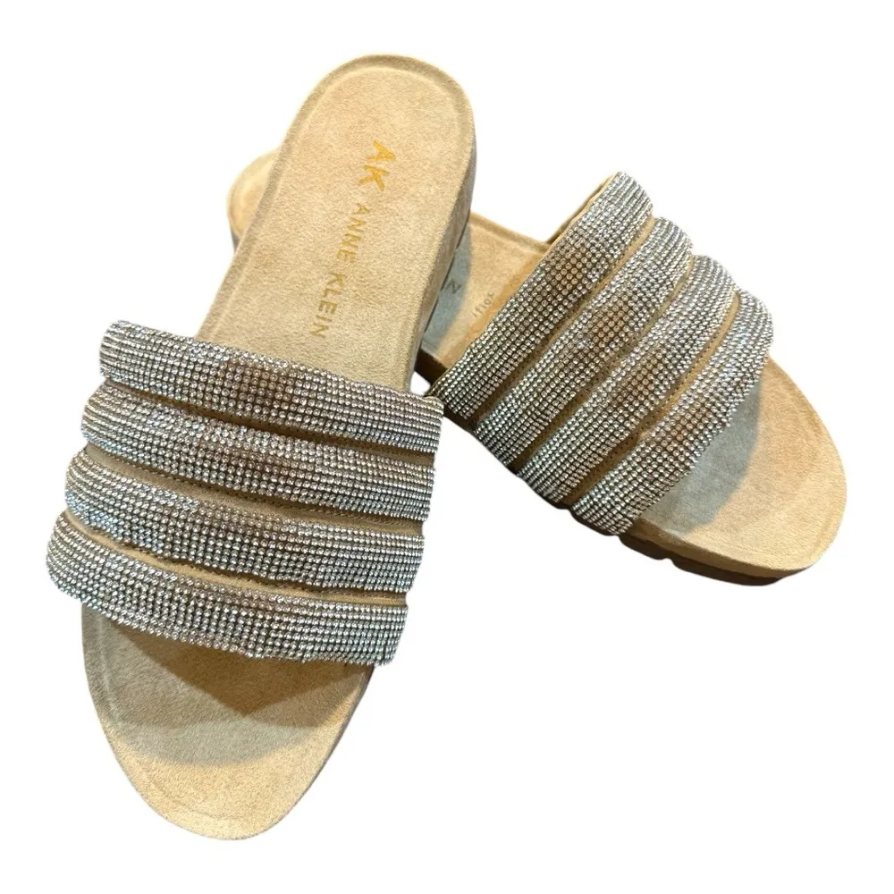 Anne Klein Gloria Taupe suede rhinestone Strappy flat wedge slip on sandals - Image 2